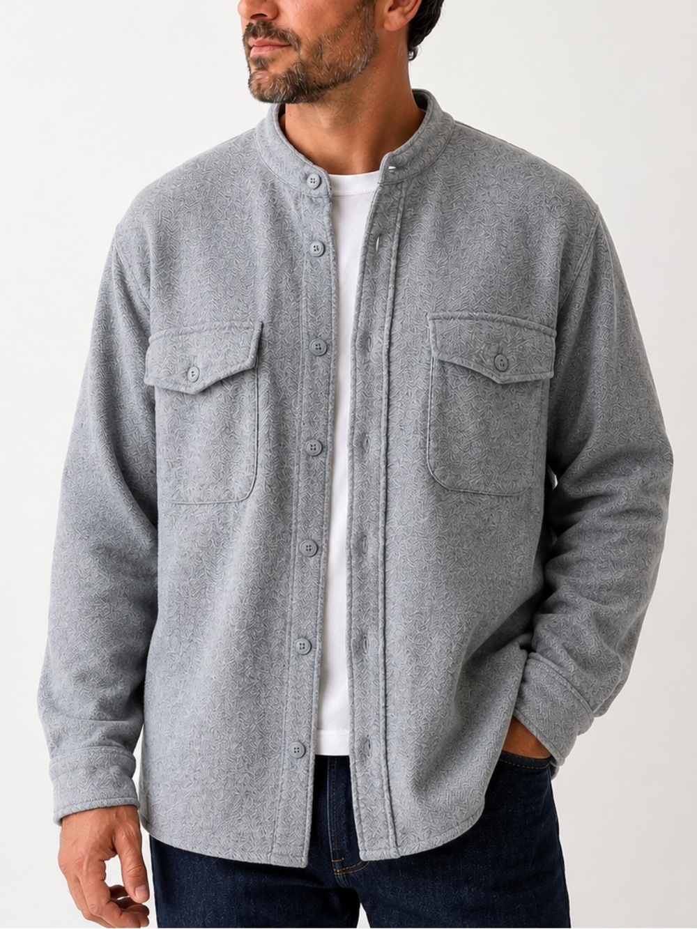 Taylor Stitch Wool Shirt Jacket Gray Band Collar Overshirt Sz 46 XL Herringbone